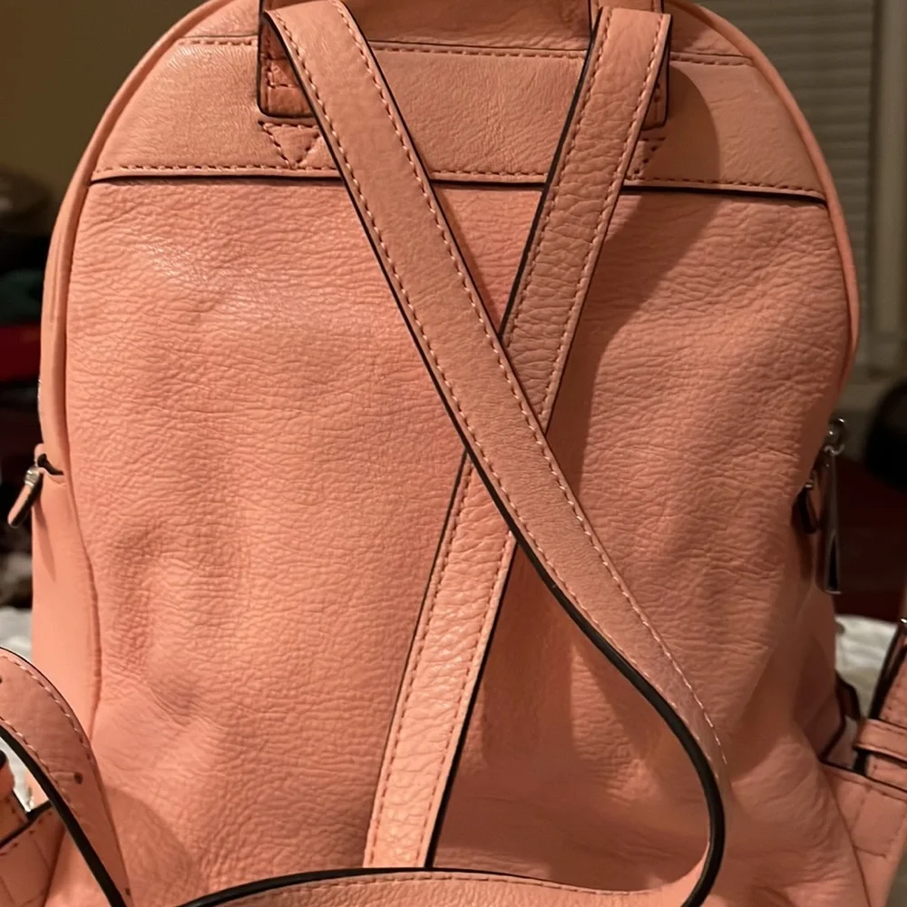 Michael Kors Rhea Medium Silver-Ringed Backpack with Fur Pompom in Coral…